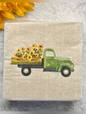 New Punch Studio Sunflowers & Vintage Green Pickup Truck Fall Paper Napkins 40ct